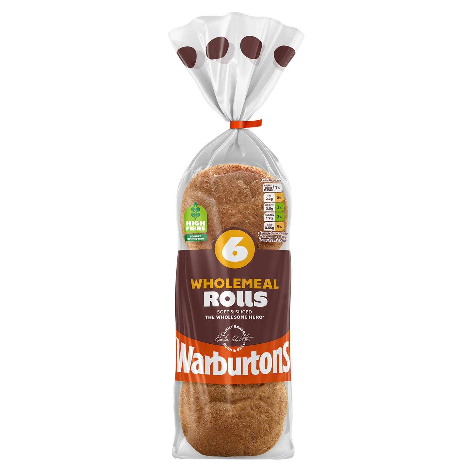 Warburtons Sliced Wholemeal Rolls 6pk