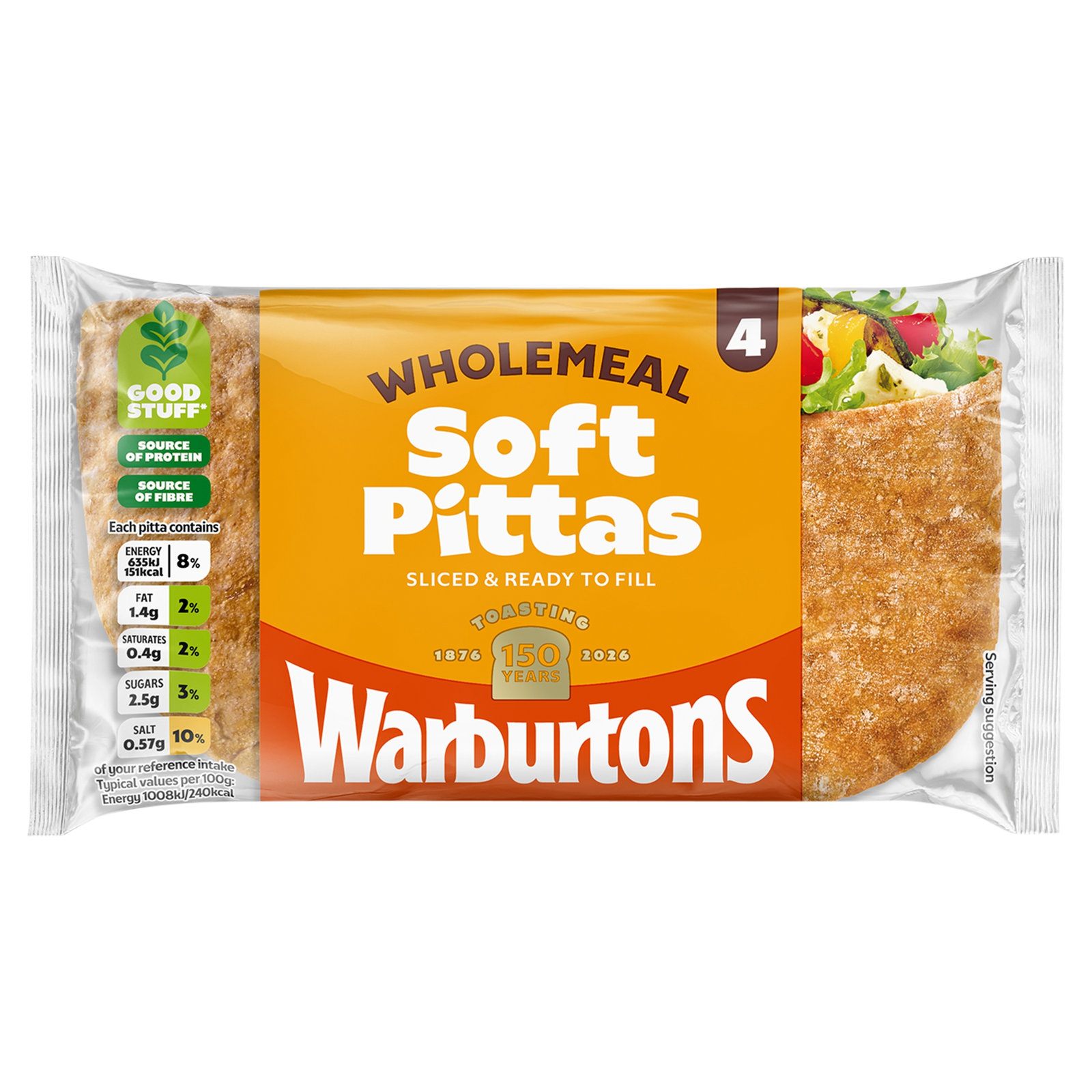 Warburtons Wholemeal Soft Pitta 4pk