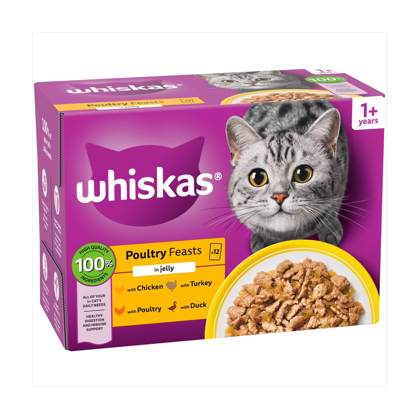 Whiskas 1+ Cat Pouches Poultry Feasts In Jelly 12×85g