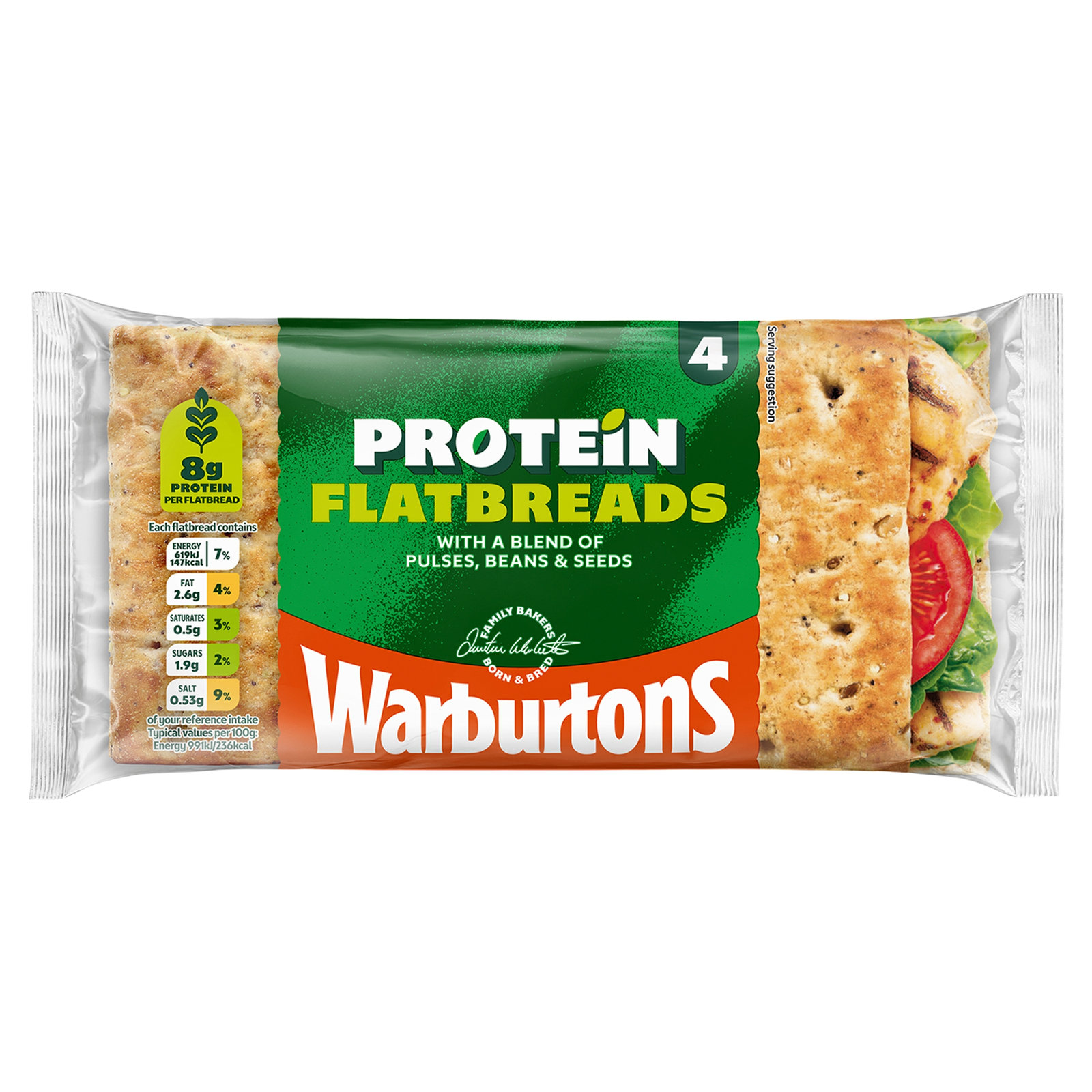Warburtons 4 Protein Sliced Flatbreads 253g